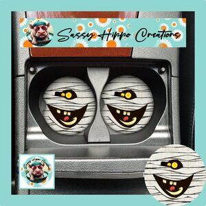 Car Coasters Mummy Monster Face Halloween Spooky Set of 2 Neoprene Absorbent